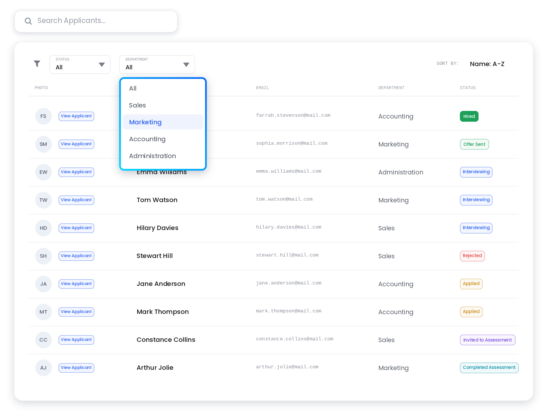 The Aptimal candidate database, filtered by status and department, listing applicants with their email, department and hiring status.